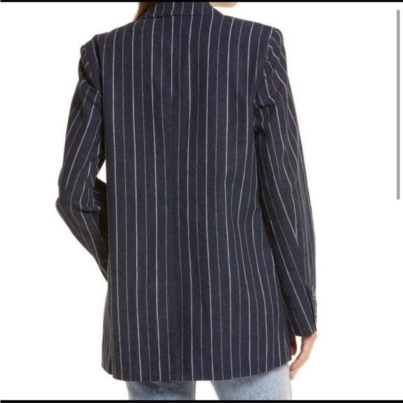 Like New!! Free People Linen Blend Boyfriend Blazer Navy Pinstripe Sz L - Picture 3 of 10